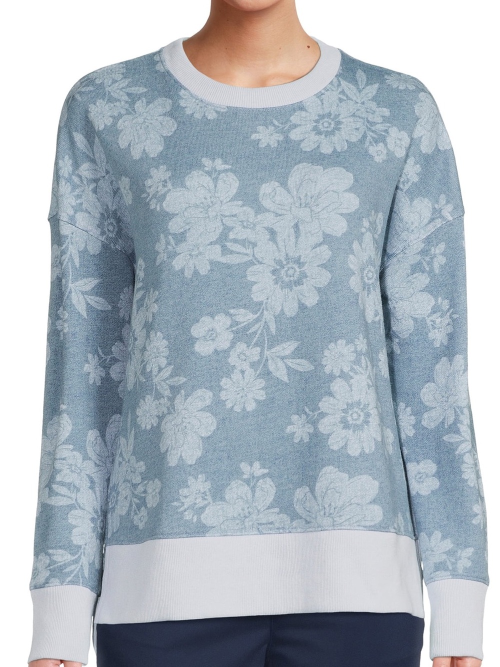 Light Blue Floral Crewneck Sweater with White Trim Size Large